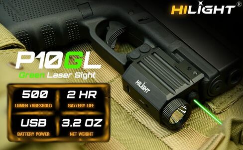 HiLight P10GL Pistol Green Laser Sight Combo مع 500 لومن مصباح يدوي USB قابل لإعادة الشحن للمسدسات المدمجة مثل Glock 19. Class IIIA <5mW in Kuwait