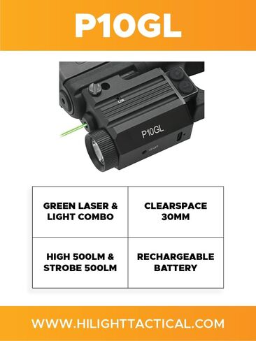 HiLight P10GL Pistol Green Laser Sight Combo مع 500 لومن مصباح يدوي USB قابل لإعادة الشحن للمسدسات المدمجة مثل Glock 19. Class IIIA <5mW in Kuwait