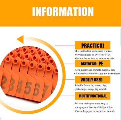 Livestock Identification Numbered Ear Tags 100 Pcs Multicolor Livestock Ear Tags Numbered 001-1000 60x75mm(Orange,101 200) in Saudi Arabia