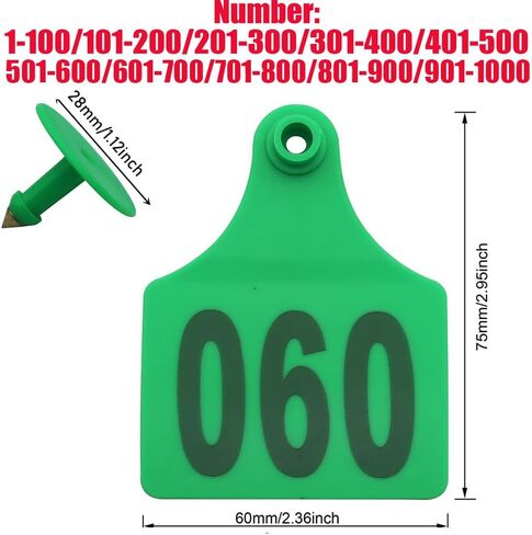 Livestock Identification Numbered Ear Tags 100 Pcs Multicolor Livestock Ear Tags Numbered 001-1000 60x75mm(Green,801 900) in Saudi Arabia