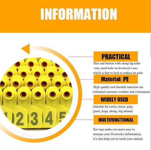 Livestock Identification Numbered Ear Tags 100 Pcs Multicolor Livestock Ear Tags Numbered 001-1000 60x75mm(Yellow,1 100) in Saudi Arabia