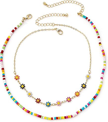 Bohemian Colorful Beads Choker Necklace for Women Layered Starfish Beaded Necklaces Sunflowers Flower Beaded Choker Summer Beach Surf Jewelry ﻿ in Saudi Arabia