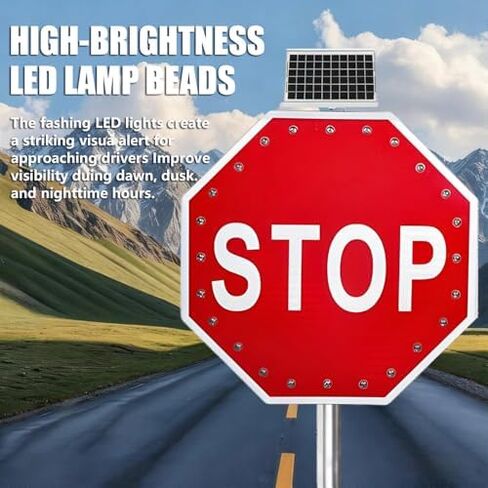 لافتة توقف LED تعمل بالطاقة الشمسية مقاس 24 بوصة، 24 مصباح LED عالي السطوع، سبائك الألومنيوم، مستشعر ذكي، رؤية 0.5 ميل، علامة سلامة مرورية متينة in Saudi Arabia