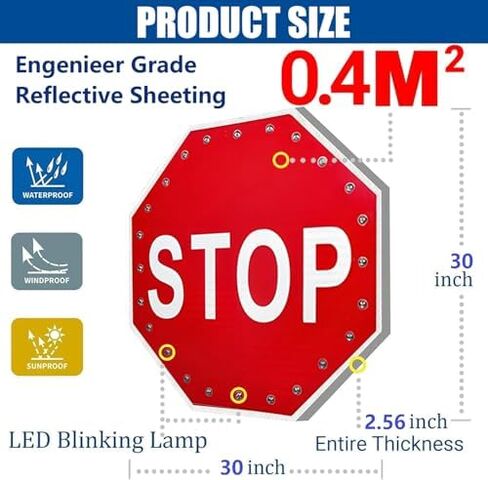 لافتة توقف LED تعمل بالطاقة الشمسية مقاس 24 بوصة، 24 مصباح LED عالي السطوع، سبائك الألومنيوم، مستشعر ذكي، رؤية 0.5 ميل، علامة سلامة مرورية متينة in Saudi Arabia