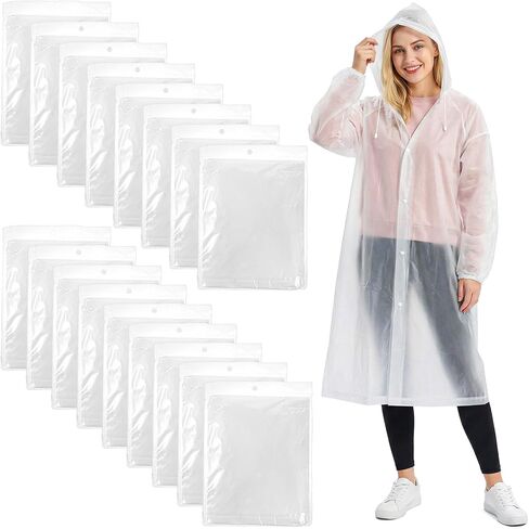 15 قطعة من معطف واق من المطر EVA للبالغين، معطف شفاف قابل لإعادة الاستخدام، جاكيت مطر مقاوم للماء للجنسين مع رباط مع غطاء رأس ورباط ملابس مطر قابلة للتنفس للنساء والرجال in Kuwait