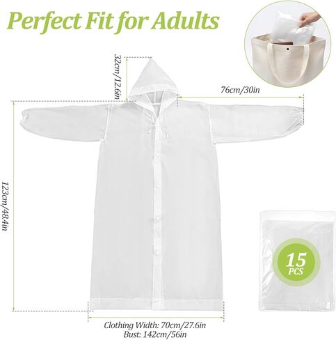 15 قطعة من معطف واق من المطر EVA للبالغين، معطف شفاف قابل لإعادة الاستخدام، جاكيت مطر مقاوم للماء للجنسين مع رباط مع غطاء رأس ورباط ملابس مطر قابلة للتنفس للنساء والرجال in Kuwait