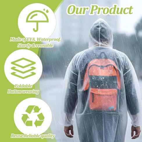 15 قطعة من معطف واق من المطر EVA للبالغين، معطف شفاف قابل لإعادة الاستخدام، جاكيت مطر مقاوم للماء للجنسين مع رباط مع غطاء رأس ورباط ملابس مطر قابلة للتنفس للنساء والرجال in Kuwait