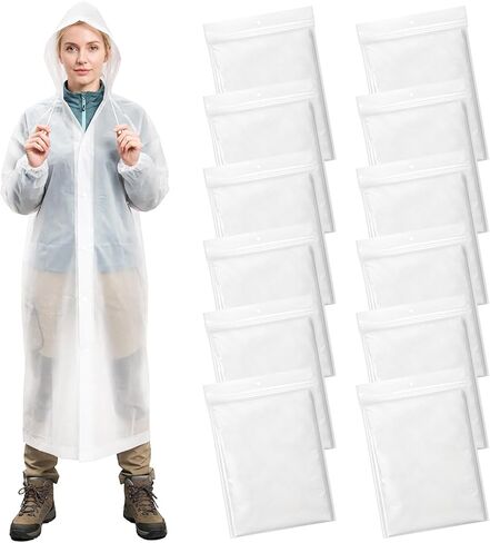 DEAYOU 12 Pack Rain Ponchos for Adults Reusable, Long Raincoats with Drawstring Hood, Waterproof EVA Emergency Rain Jackets for Women Men, Travel, Camping, Hiking, Packable, Family Pack, Transparent in Saudi Arabia