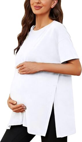 Ecavus المرأة قمصان الأمومة عادية سبليت الجانب الحمل بلايز البلوزات قصيرة الأكمام فضفاضة تناسب ملابس أمومة in Saudi Arabia