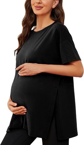 Ecavus المرأة قمصان الأمومة عادية سبليت الجانب الحمل بلايز البلوزات قصيرة الأكمام فضفاضة تناسب ملابس أمومة in Saudi Arabia