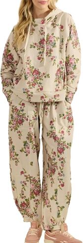 Mandonce Sweat Set for Women Long Sleeve Hooded Oversized Sweatshirt Drawstring Wide Leg Sweatpants Streetwear Athletic Sets in Kuwait