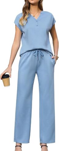 difficort Two Piece Sets for Women Summer Outfits Lounge Sets Cap Sleeve V Neck Vacation Travel Tracksuits in Kuwait