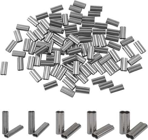 Double Barrel Crimp Sleeves, 100pcs Fishing Line Crimp Sleeves Brass Copper Wire Rope Crimping Loop Sleeve Fishing Line Ferrule Tube Connector Leader Rigging Tackle in Saudi Arabia