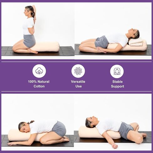 وسادة مسند اليوغا Yogikuti Iyengar - مسند أسطواني من القطن بنسبة 100% لليوجا والتأمل - وسادة دعم قوية ومتينة مع غطاء قابل للغسل للمحاذاة والراحة (أبيض) in Kuwait