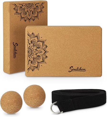 Soulchen 5 Pack Yoga Accessories for Women Set Yoga Block 2 Pack with Strap Massage Ball for Meditation Pilates Cork Blocks Stretching Home Gym Natural High-Density, 12"x8"x2" in Saudi Arabia