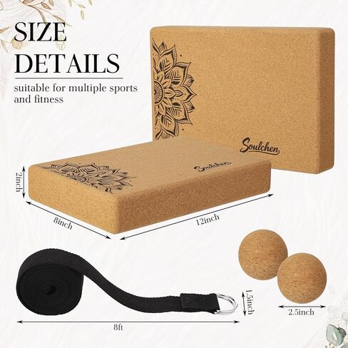 Soulchen 5 Pack Yoga Accessories for Women Set Yoga Block 2 Pack with Strap Massage Ball for Meditation Pilates Cork Blocks Stretching Home Gym Natural High-Density, 12"x8"x2" in Saudi Arabia