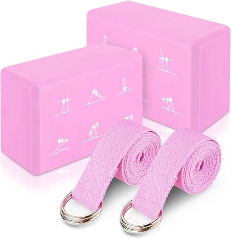 RETON 2 Pack Yoga Blocks and 2 Yoga Straps Set, Soft Non-Slip Yoga Block for Pilates, High Density EVA Foam Yoga Brick with Yoga Strap for General Fitness, Stretching, Improve Strength and Flexibility in Kuwait