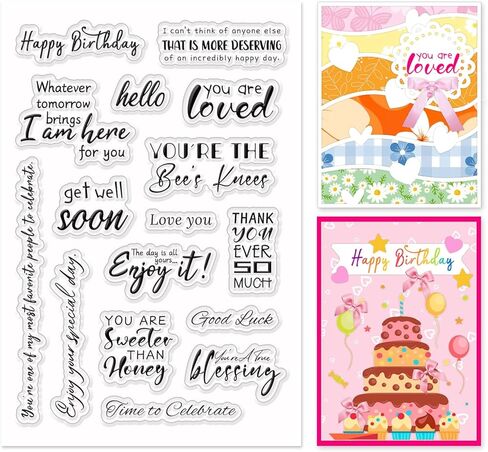 INFUNLY Happy Birthday Words Clear Stamps 6.3"×4.3" Sentiment Words Clear Stamps with Birthday Cake for Card Making Celebrate Silicone Stamps Words Clear Stamp for Birthday Gift Scrapbooking in Kuwait
