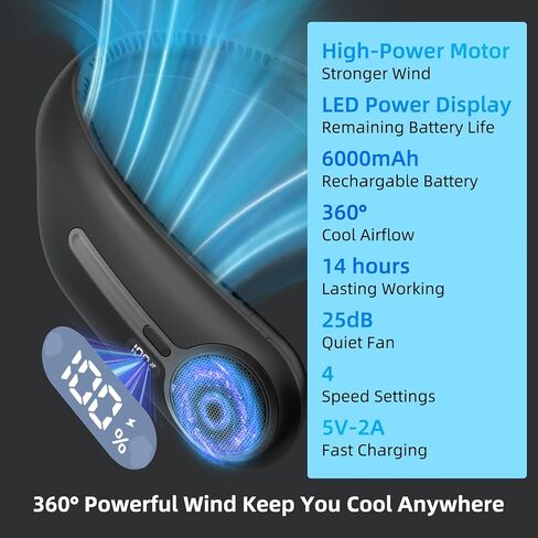 Portable Neck Fan,Hands Free Personal Wearable Bladeless Fan,6000mAh USB Rechargeable,360° Cooling,LED Display,4-Speeds,Birthday Gifts for Men Women Dad Mom,Fathers Day,Mothers Day Gifts (Black) in Kuwait