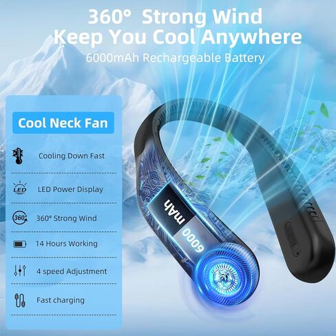 Portable Neck Fan,Hands Free Personal Wearable Bladeless Fan,6000mAh USB Rechargeable,360° Cooling,LED Display,4-Speeds,Birthday Gifts for Men Women Dad Mom,Fathers Day,Mothers Day Gifts (Black) in Kuwait