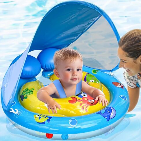 iGeeKid Baby Swimming Float with Removable UPF50+ Sun Canopy, Upgrades Extra-wide & Tail Airbag Baby Pool floats for Babies 6-36 Months Infant Float for Pool with Adjustable Safety Seat for Boys Girls in Kuwait