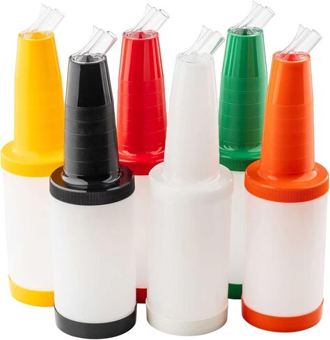 TableCraft 12657 PourMaster 1-Quart Beverage Pourer Set, HDPE Containers with Clear Spouts, Color-Coded Caps & Necks, Stackable Beverage Dispensers, Assorted Colors, Set of 6 in Saudi Arabia