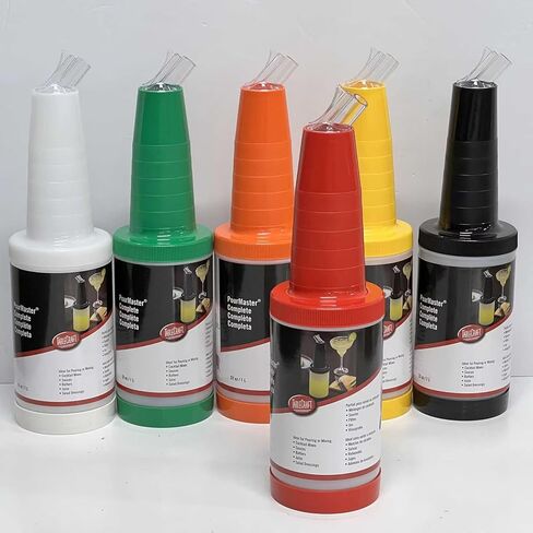 TableCraft 12657 PourMaster 1-Quart Beverage Pourer Set, HDPE Containers with Clear Spouts, Color-Coded Caps & Necks, Stackable Beverage Dispensers, Assorted Colors, Set of 6 in Saudi Arabia