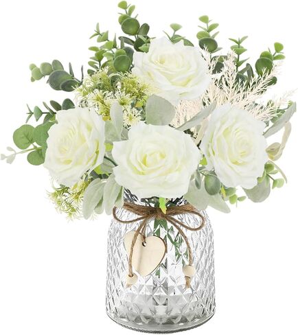 Hohotime الزهور الاصطناعية مع مزهرية ، ورود حريرية بيضاء ترتيب زهرة مزيفة مع الأوكالبتوس ، مزهرية نباتية مزهرية للمكاتب المنزلية طاولة الطعام المركزية مائدة القهوة ديكور مزرعة in Kuwait