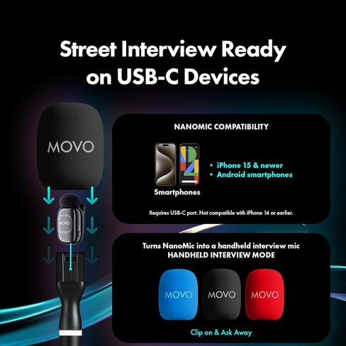 Movo NanoMic Wireless USB-C Mic Kit with Interview Handle — Dual Street Interview Mic for iPhone 15/16/17+, Android & iPad Pro — Vox Pops & TikTok in Saudi Arabia