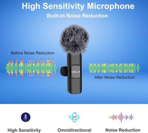 ميكروفون Vislla Mini لأجهزة iPhone وAndroid، بطارية 11 ساعة، ميكروفون لاسلكي بخاصية إلغاء الضوضاء، ميكروفون مثبت على طية صدر السترة لمنشئ المحتوى، مدونات الفيديو/YouTube/Tiktok/تسجيل الفيديو/البث/المقابلات in Kuwait
