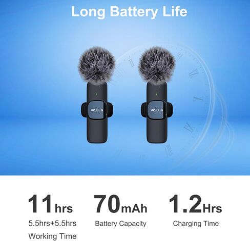 ميكروفون Vislla Mini لأجهزة iPhone وAndroid، بطارية 11 ساعة، ميكروفون لاسلكي بخاصية إلغاء الضوضاء، ميكروفون مثبت على طية صدر السترة لمنشئ المحتوى، مدونات الفيديو/YouTube/Tiktok/تسجيل الفيديو/البث/المقابلات in Kuwait