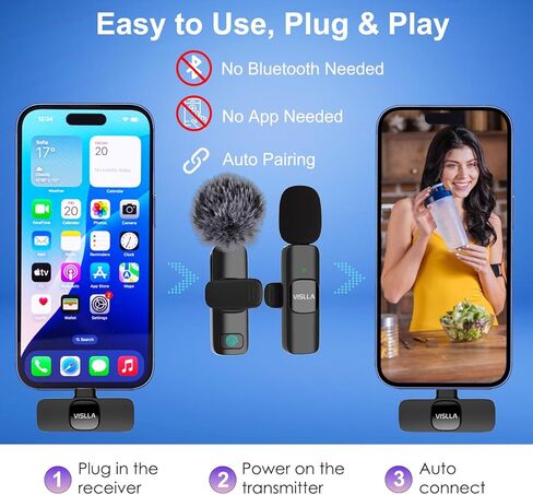 ميكروفون Vislla Mini لأجهزة iPhone وAndroid، بطارية 11 ساعة، ميكروفون لاسلكي بخاصية إلغاء الضوضاء، ميكروفون مثبت على طية صدر السترة لمنشئ المحتوى، مدونات الفيديو/YouTube/Tiktok/تسجيل الفيديو/البث/المقابلات in Kuwait