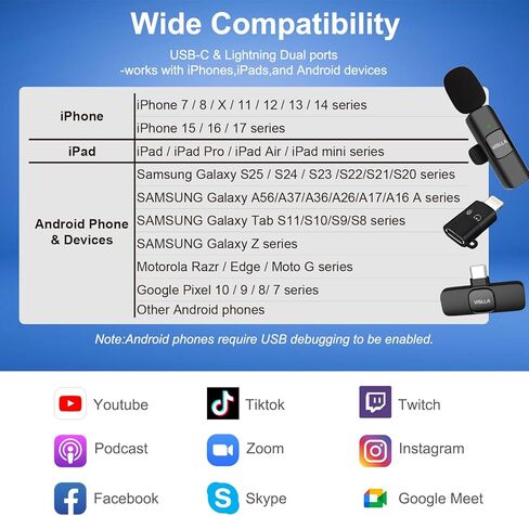 ميكروفون Vislla Mini لأجهزة iPhone وAndroid، بطارية 11 ساعة، ميكروفون لاسلكي بخاصية إلغاء الضوضاء، ميكروفون مثبت على طية صدر السترة لمنشئ المحتوى، مدونات الفيديو/YouTube/Tiktok/تسجيل الفيديو/البث/المقابلات in Kuwait