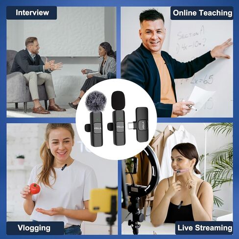 ميكروفون Vislla Mini لأجهزة iPhone وAndroid، بطارية 11 ساعة، ميكروفون لاسلكي بخاصية إلغاء الضوضاء، ميكروفون مثبت على طية صدر السترة لمنشئ المحتوى، مدونات الفيديو/YouTube/Tiktok/تسجيل الفيديو/البث/المقابلات in Kuwait
