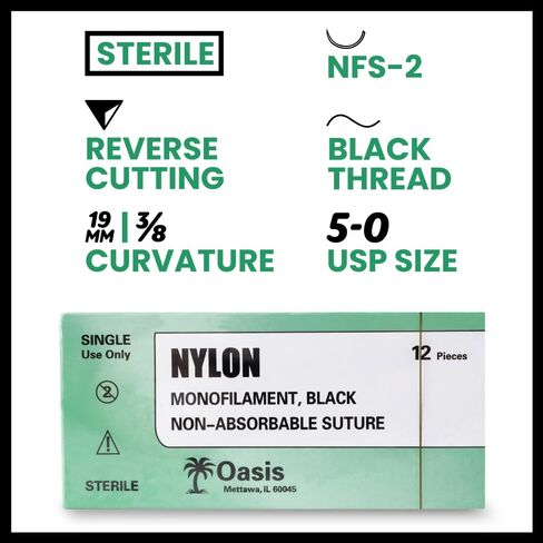 Oasis Vet Nylon Monofilament Surgical Suture, 5-0, (FS-2) 3/8 19mm Reverse Cutting Needle, 75cm, 12/Box, Veterinary Use in Saudi Arabia