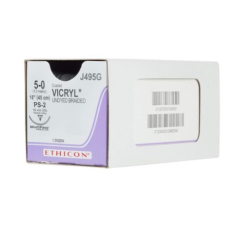 Ethicon Coated VICRYL (Polyglactin 910) Suture, J495G, Synthetic Absorbable, PS-2 (19 mm), 3/8 Circle Needle, Size 5-0, 18" (45 cm) in Kuwait