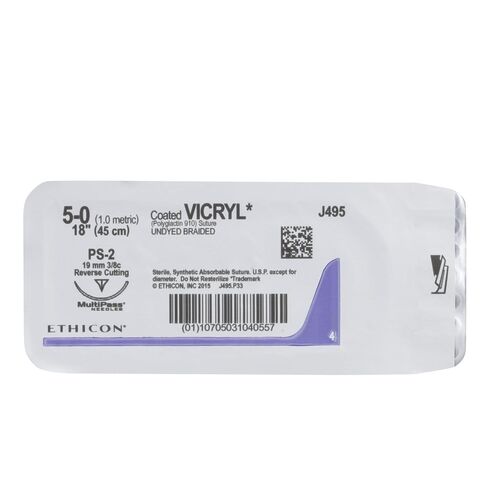 Ethicon Coated VICRYL (Polyglactin 910) Suture, J495G, Synthetic Absorbable, PS-2 (19 mm), 3/8 Circle Needle, Size 5-0, 18" (45 cm) in Kuwait