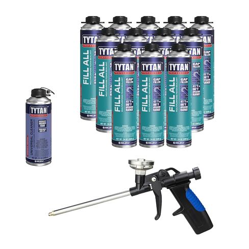 مجموعة TYTAN Professional fill all 3 Pack 24 oz مجموعة مانع التسرب الرغوي المتوسع - حشو الفجوات والشقوق للنوافذ والأبواب والجدران، وختم الهواء، ورغوة البولي يوريثان المقاومة للماء (3 × 24 أونصة) + مسدس ومنظف الدقة القصوى in Kuwait