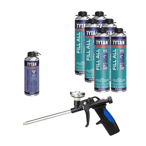 مجموعة TYTAN Professional fill all 3 Pack 24 oz مجموعة مانع التسرب الرغوي المتوسع - حشو الفجوات والشقوق للنوافذ والأبواب والجدران، وختم الهواء، ورغوة البولي يوريثان المقاومة للماء (3 × 24 أونصة) + مسدس ومنظف الدقة القصوى in Kuwait