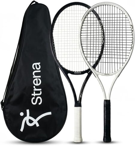Strena 2-Player Tennis Racket Set - Aluminum Adult Racquets (27 Inch) with Carry Bag - Lightweight Recreational Starter Kit - Grip Size 4 1/4 - Black & White Split Design in Saudi Arabia