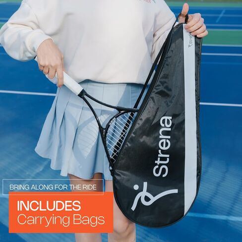 Strena 2-Player Tennis Racket Set - Aluminum Adult Racquets (27 Inch) with Carry Bag - Lightweight Recreational Starter Kit - Grip Size 4 1/4 - Black & White Split Design in Saudi Arabia