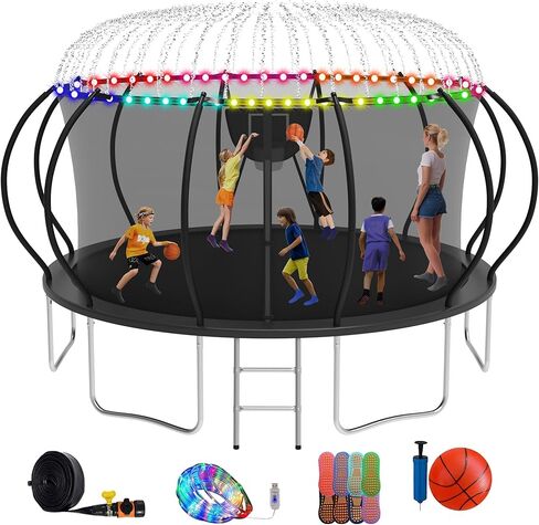 1500LBS Outdoor Trampoline, 16FT 14FT 12FT Trampolines with Light+Sprinkler +Socks, Enclosure, Ladder, Curved Poles Recreational Trampoline - ASTM Approved- Capacity for 6-10 Kids in Saudi Arabia