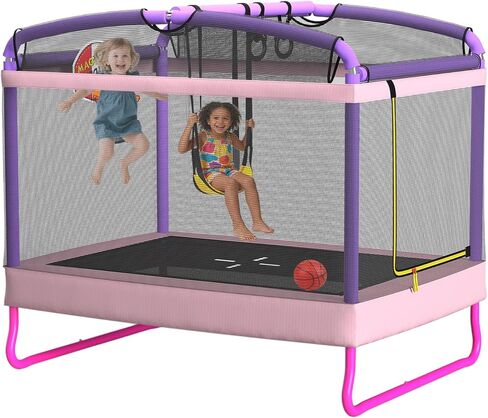 LANGXUN 6FT Rectangle Trampoline for Kids, 5-in-1 Toddler Trampoline, ASTM Approved Indoor Outdoor Mini Trampoline with Safety Enclosure Net Age 1-10 in Kuwait