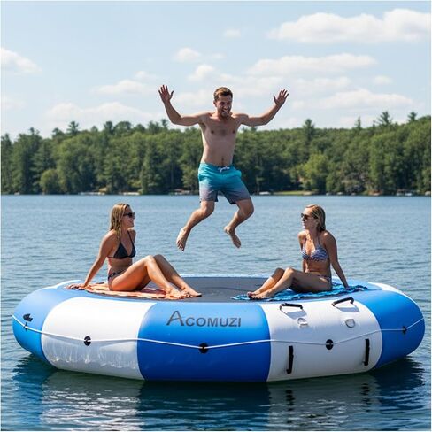 Inflatable Water Trampoline for Lake Pool Ocean, 10FT/12FT/15FT Heavy Duty Floating Bounce Swim Platform with Ladder & Ropes, Inflatable Floating Dock for Family (NO Pump) in Saudi Arabia