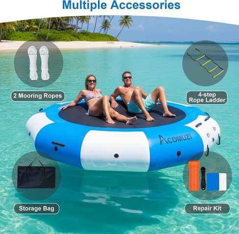 Inflatable Water Trampoline for Lake Pool Ocean, 10FT/12FT/15FT Heavy Duty Floating Bounce Swim Platform with Ladder & Ropes, Inflatable Floating Dock for Family (NO Pump) in Saudi Arabia