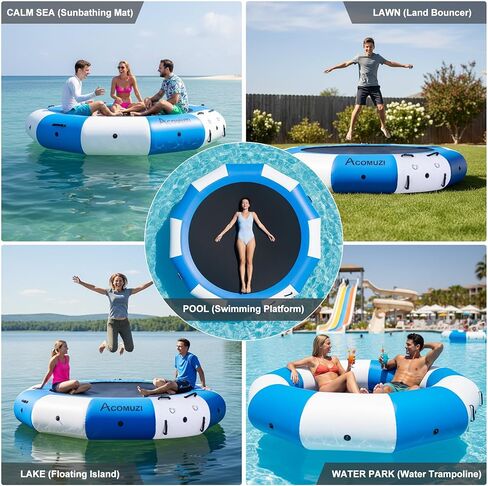 Inflatable Water Trampoline for Lake Pool Ocean, 10FT/12FT/15FT Heavy Duty Floating Bounce Swim Platform with Ladder & Ropes, Inflatable Floating Dock for Family (NO Pump) in Saudi Arabia