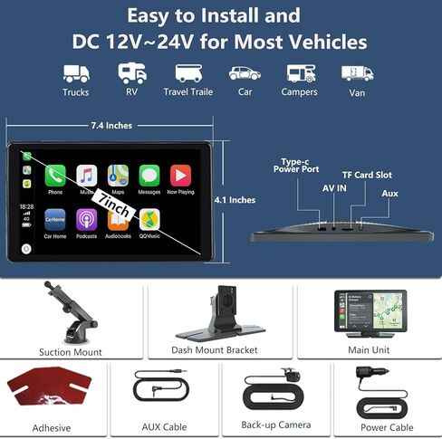 شاشة CarPlay اللاسلكية ، 7 "HD شاشة تعمل باللمس سيارة Stereofor Car مع Apple Carplay و Android Auto ، الكاميرا الاحتياطية/Siri/Bluetooth WiFi/GPS الملاحة/aux لجميع المركبات in Kuwait