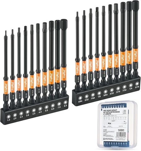 Toolant Impact Allen Wrench Drill Bit Set 20pcs (Metric & SAE), 1/4" Hex-Shank S2 Steel Hex Bits, CNC Machined Tips with Magnetism, 4" Long with Storage Box in Saudi Arabia