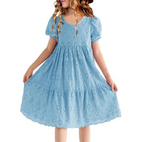 HOSIKA Girls Summer Boho Crew Neck Puff Sleeve Ruffle Tiered A-line Casual Party Midi Dress for 6-12 Years