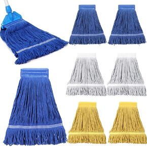 6 قطع من رأس الممسحة التجارية البديلة بوزن 18 أونصة من رؤوس الممسحة القطنية ذات النهاية الحلقية لإعادة ملء الممسحة المنزلية للتنظيف التجاري والصناعي العام والأرضيات، أزرق، أبيض، أصفر in Kuwait